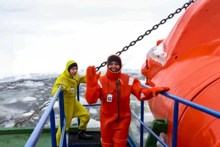 Arctic Ice Floating in a thermal survival suit 3